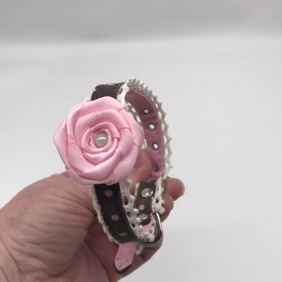 Dog Collar Pink Polka Dots on Chocolate Brown/Pink Ribbon Rose w/Pearl Center